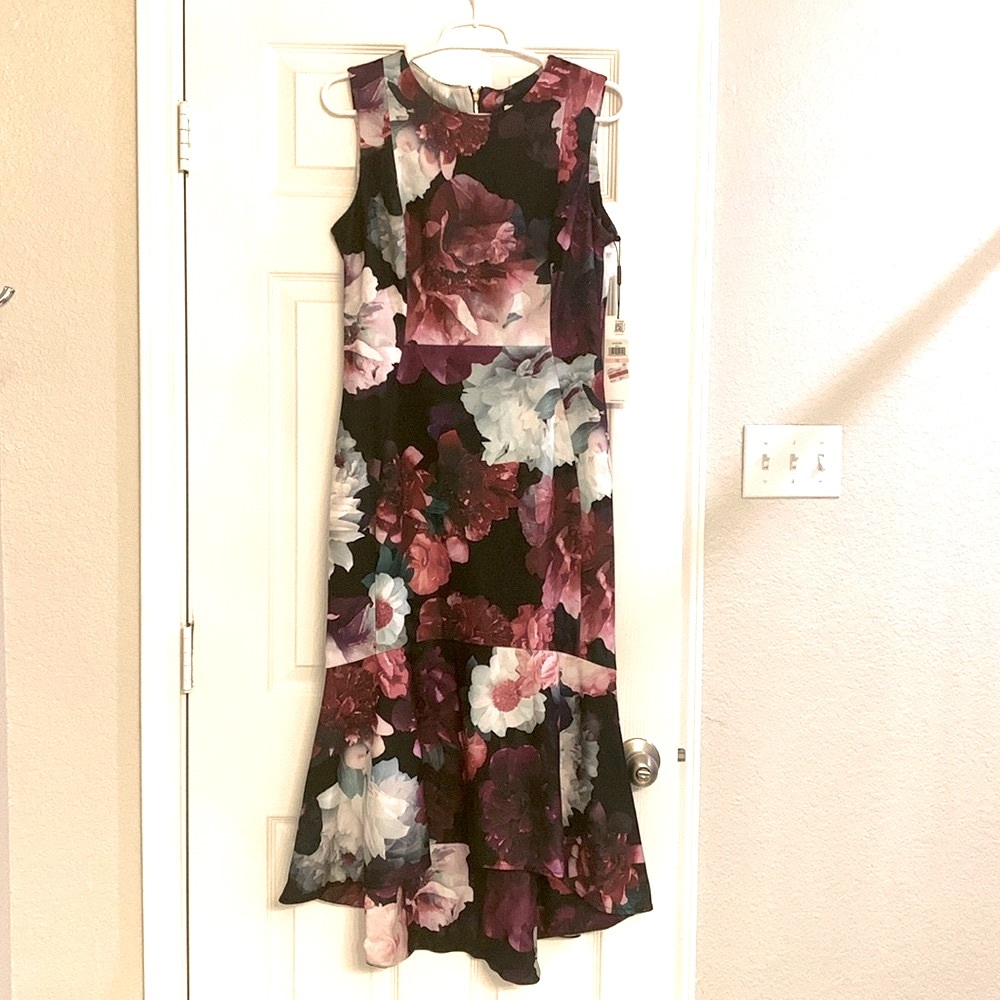 Calvin Klein women floral asymmetrical sheath mermaid dress purple pink size 10 - Picture 1 of 6